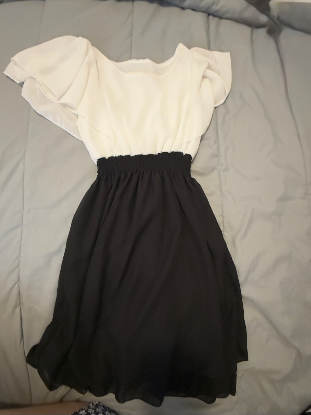 White & Black Flutter Sleeve Fit-and-Flare Dress